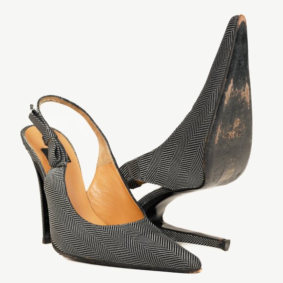 Gianfranco Ferre Silver & Black Metallic Herringbone Slingback Heels - Picture 4 of 9